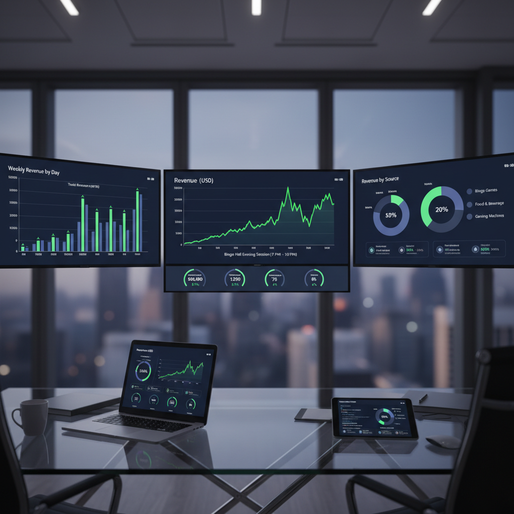 Revenue report graph spiking during peak bingo hall evening session analytics
