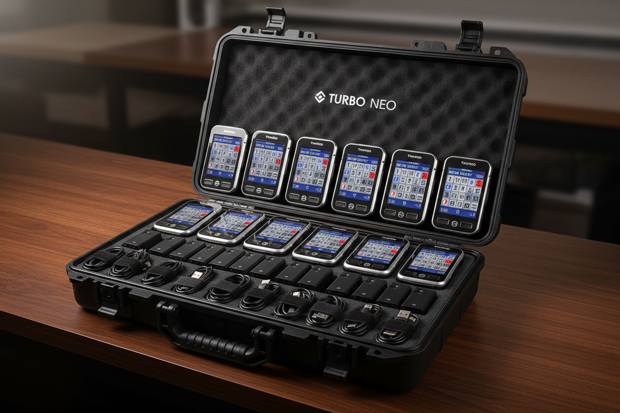 12 Turbo Neo handsets with batteries in organized case