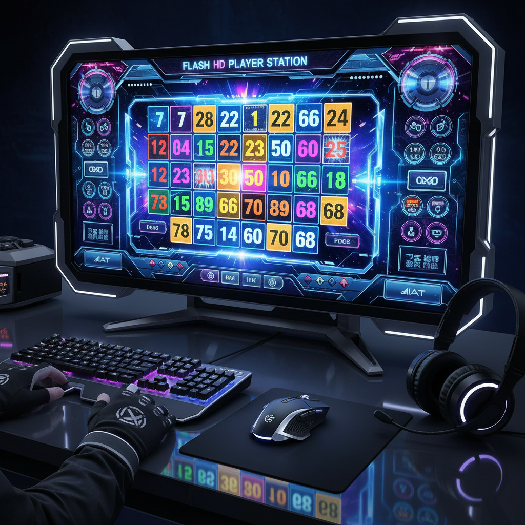 Close-up Flash HD player station screen displaying vibrant bingo card grid