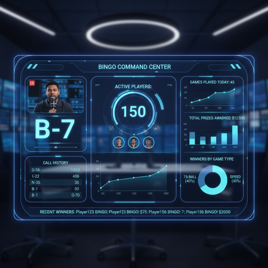 Bingo management dashboard showing live caller display and 150 active players