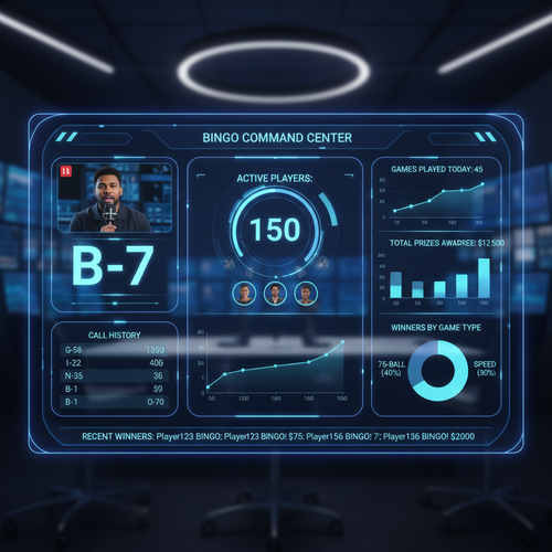 Bingo management dashboard showing live caller display and 150 active players
