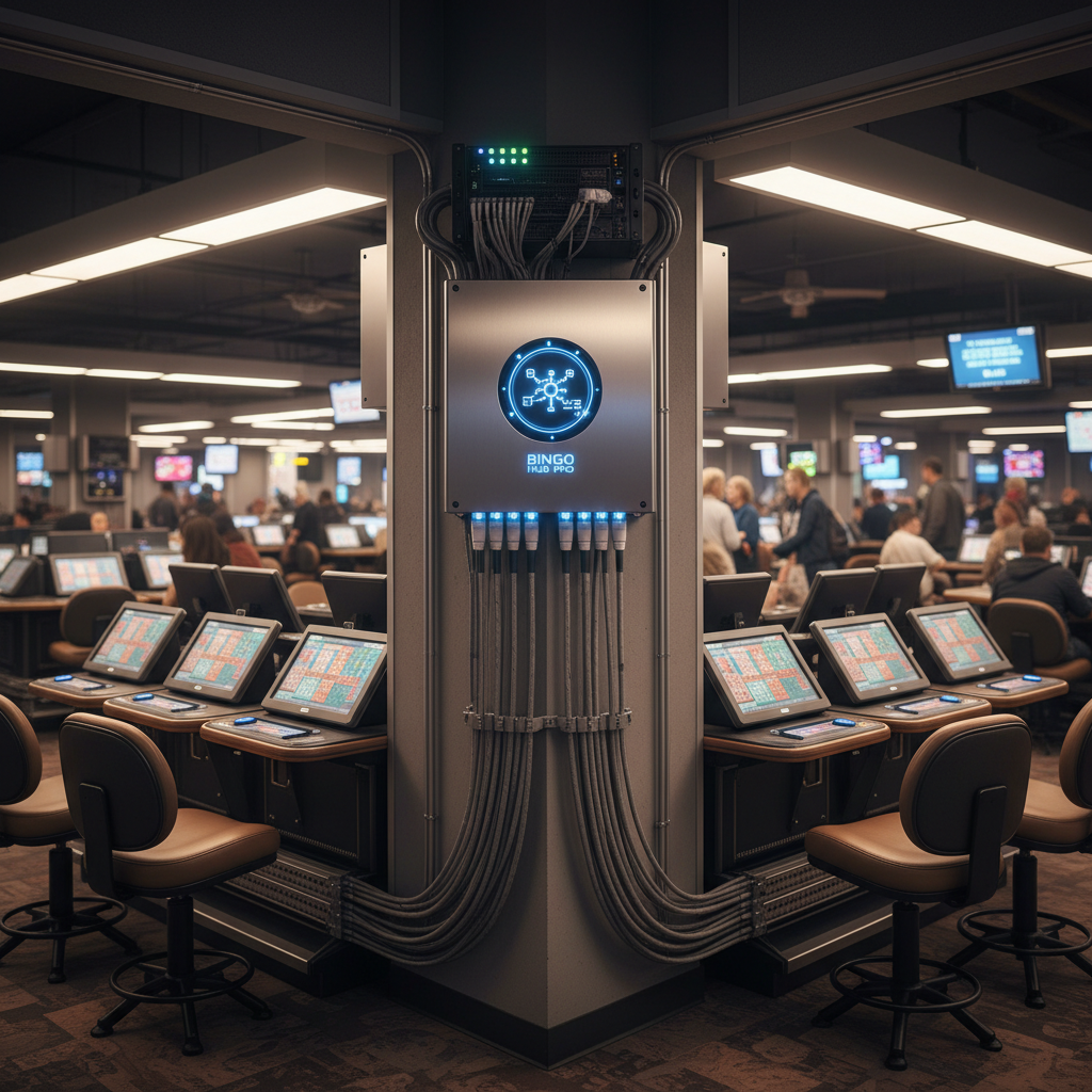 Wall-mounted expansion station linking 8 player terminals in bingo hall corner