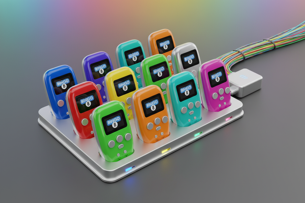 12 Super 8 mixed color handsets on universal dock