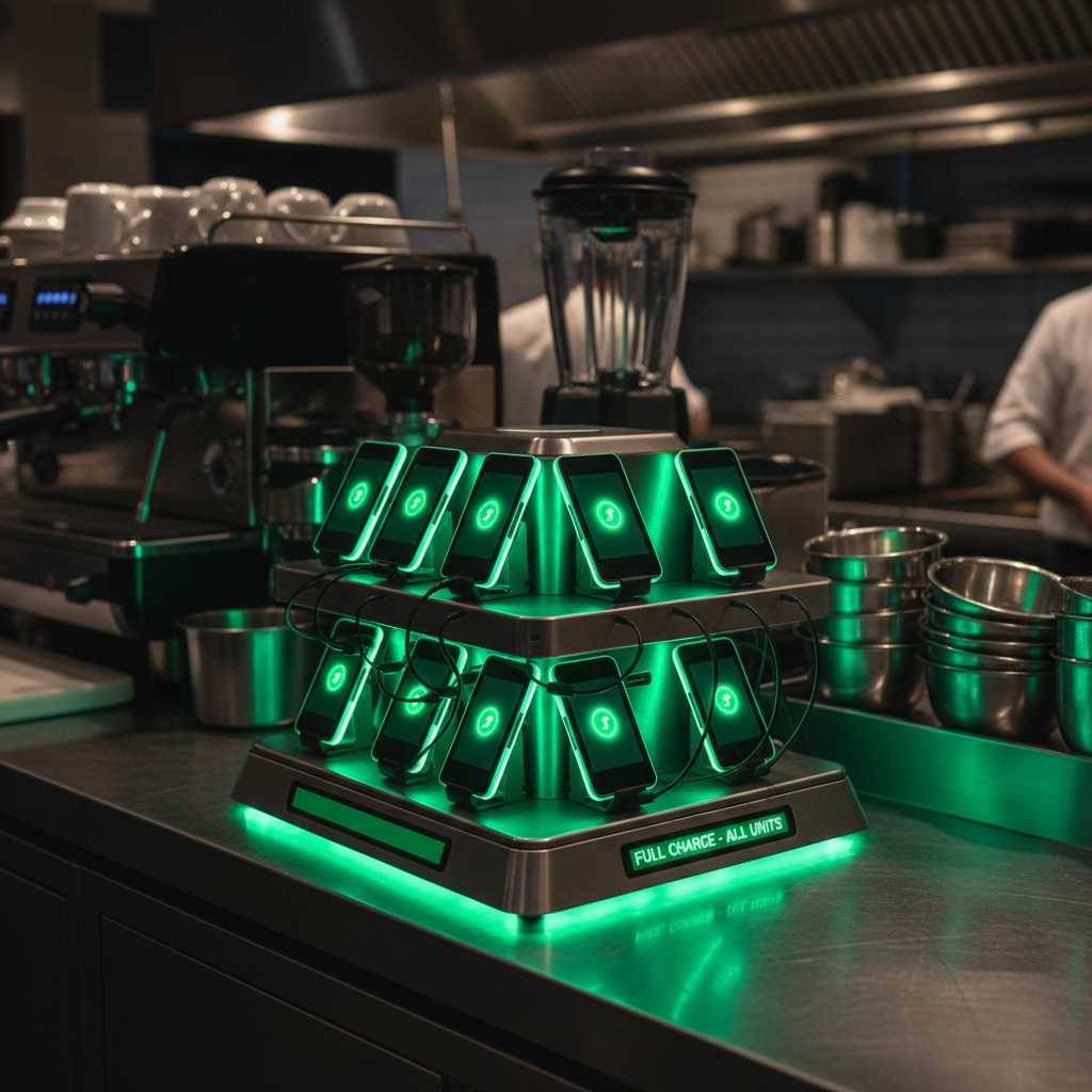 4-pager dock fully charging with synchronized green LED status indicators