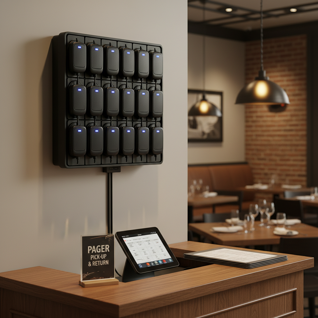 Wall-mounted charger dock above hostess station keeping pager fleet ready