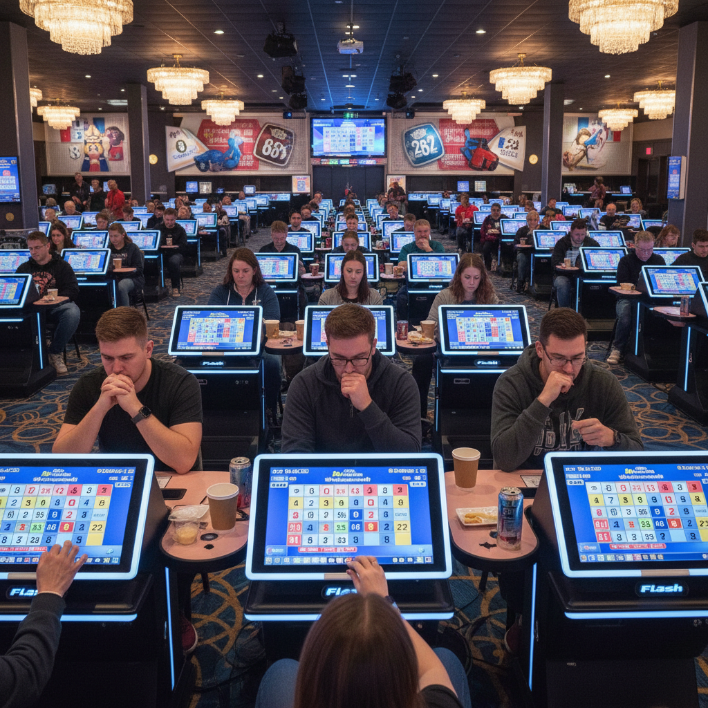 Row of Flash stations in bingo hall with players focused on winning patterns