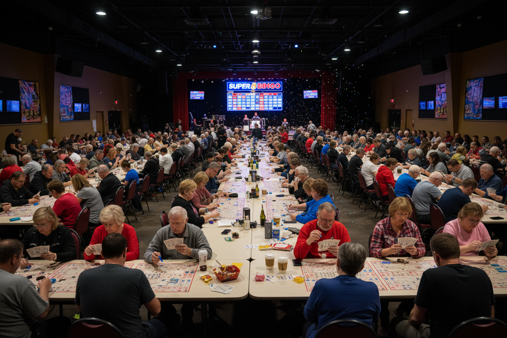 Packed hall with Super 8 players engaged