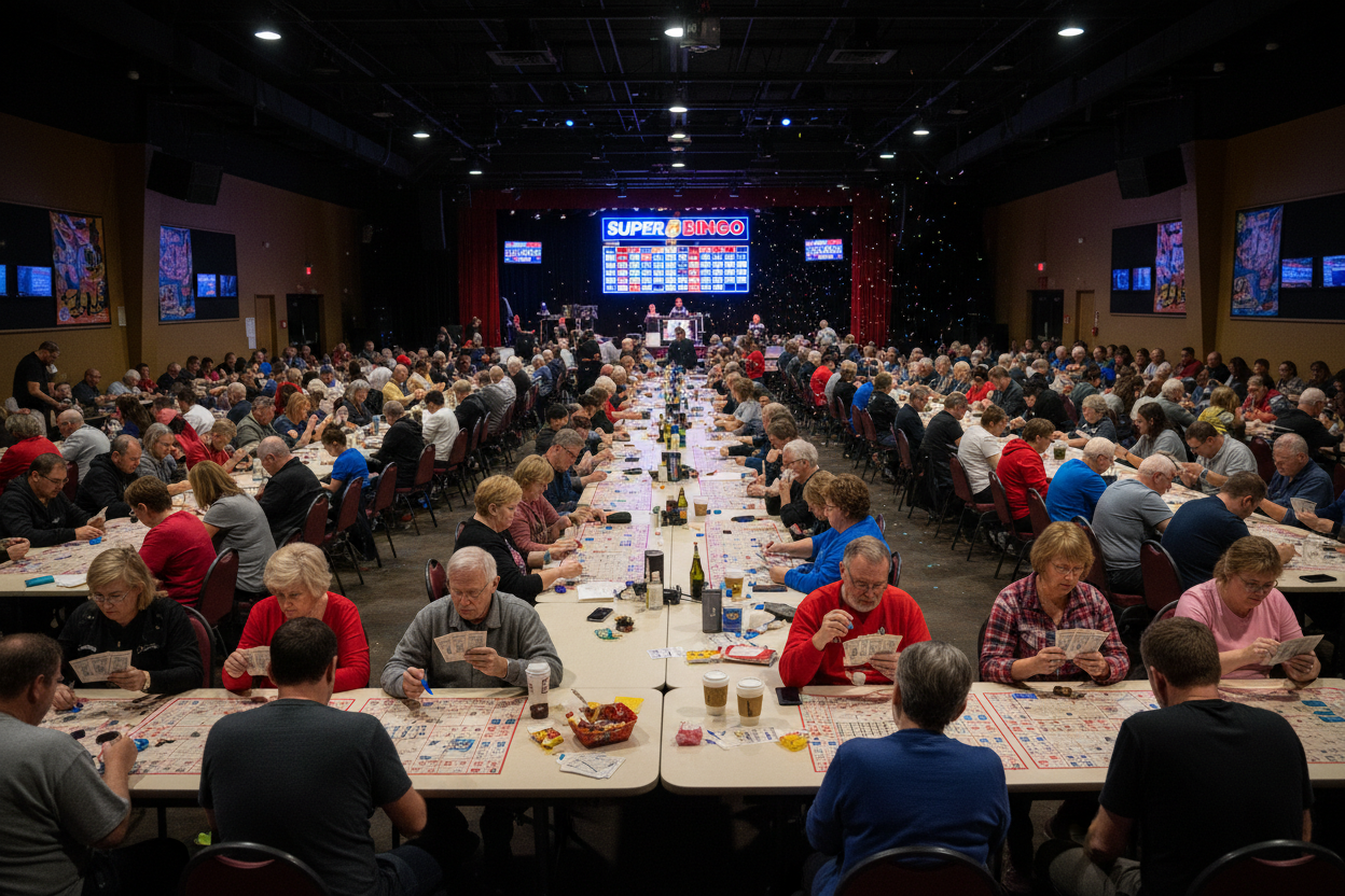 Packed hall with Super 8 players engaged